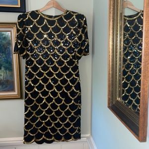 Black and Gold Sequin Silk Vintage Scallop Dress Gown Size M/L flapper costume
